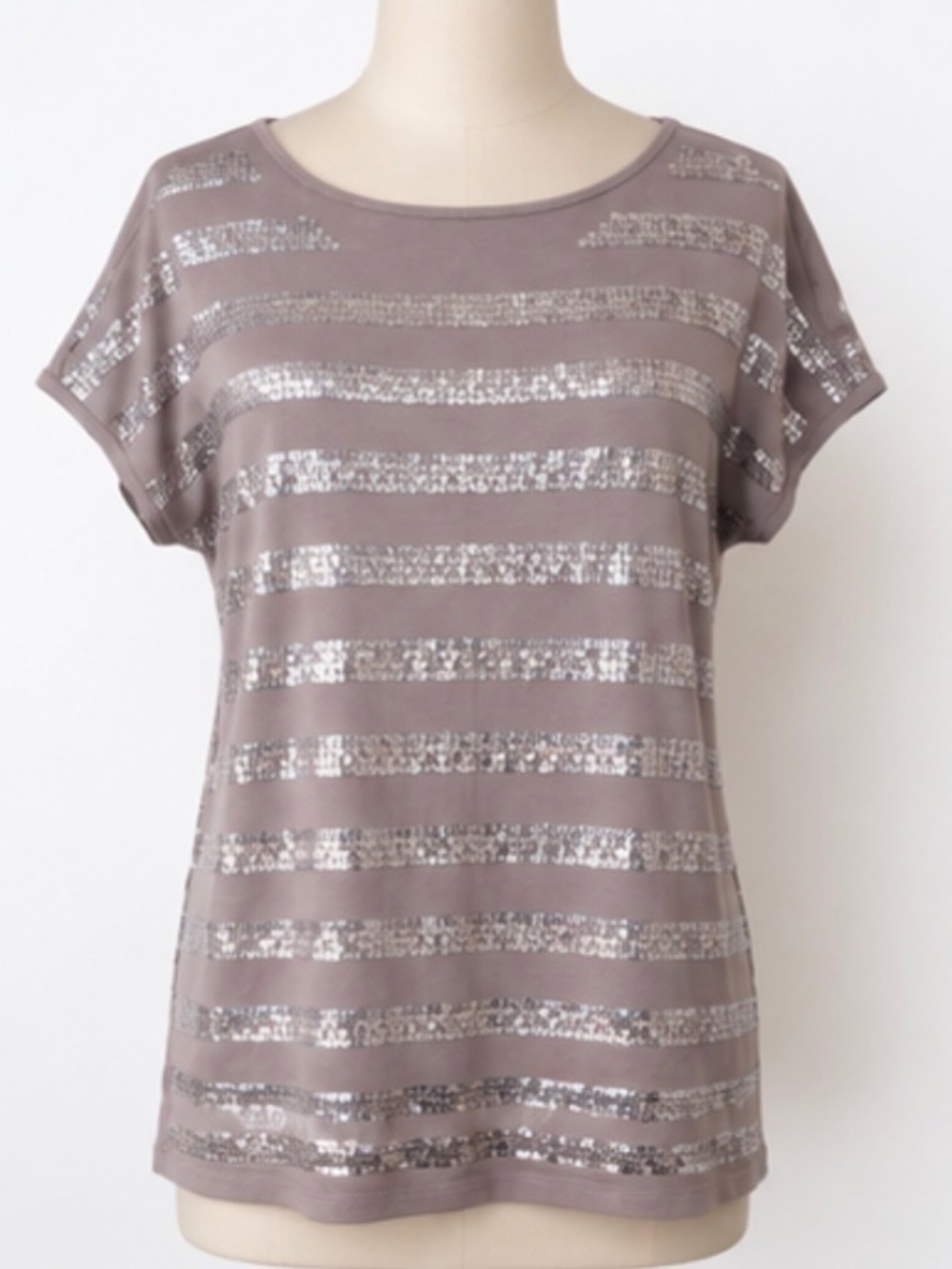 Linea Domani Women’s M Sequin Stripe Top Made in Canada Taupe Silver